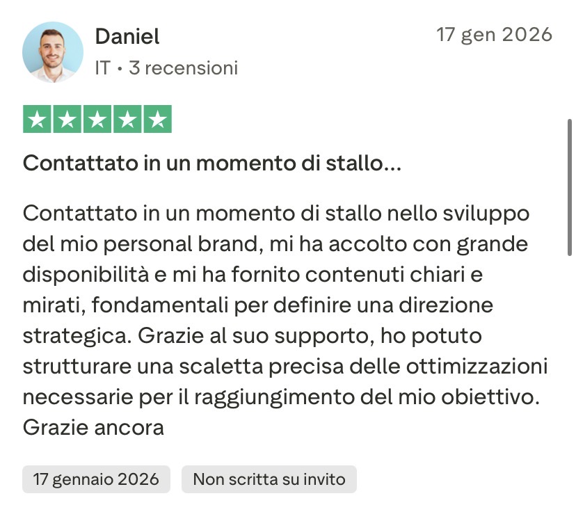 Recensione Trustpilot di Carlo Celanetti, 5 stelle: ottima guida come prima consulenza.