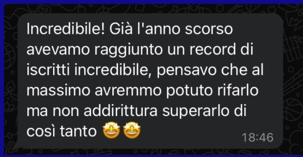 Messaggio di un cliente sul record di iscritti superato.